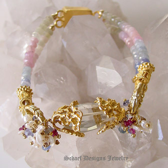 Miriam Haskell inspired Prasiolite, Tanzanite, Sapphire, Rhodolite Garnets and 22kt gold vermeil with Moonstone Clasp & heart with fleur de lis charm | Schaef Designs artisan handcrafted gemstone jewelry | online upscale jewelry boutique | San Diego, CA